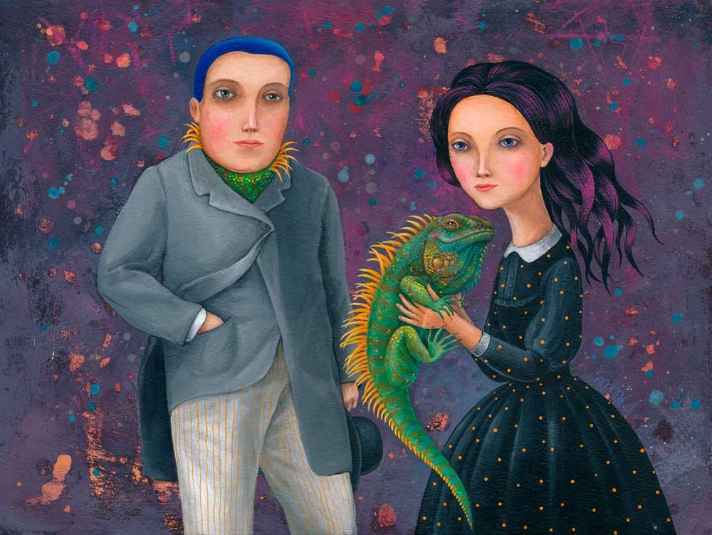 Leguan Kunst Druck, Print von Original Acryl Bild, Kunstposter A4 Mann und Frau Portrait