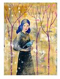 Frau mit weisse Rabe A4 A3 Fine Art Print Kunstdruck