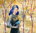 Frau mit weisse Rabe A4 A3 Fine Art Print Kunstdruck