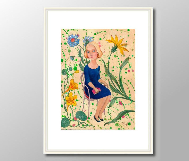 Print Frau mit Blumen Druck Illustration Print von Original Acryl bild Botanik