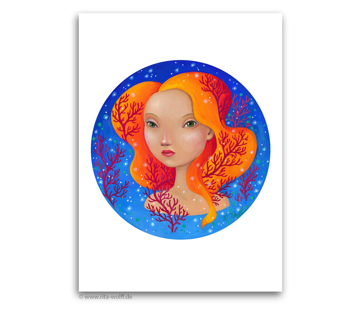 Fine Art Print, Mädchen mit Koralle,  Print von Original Acrylbild, Rundes Bild