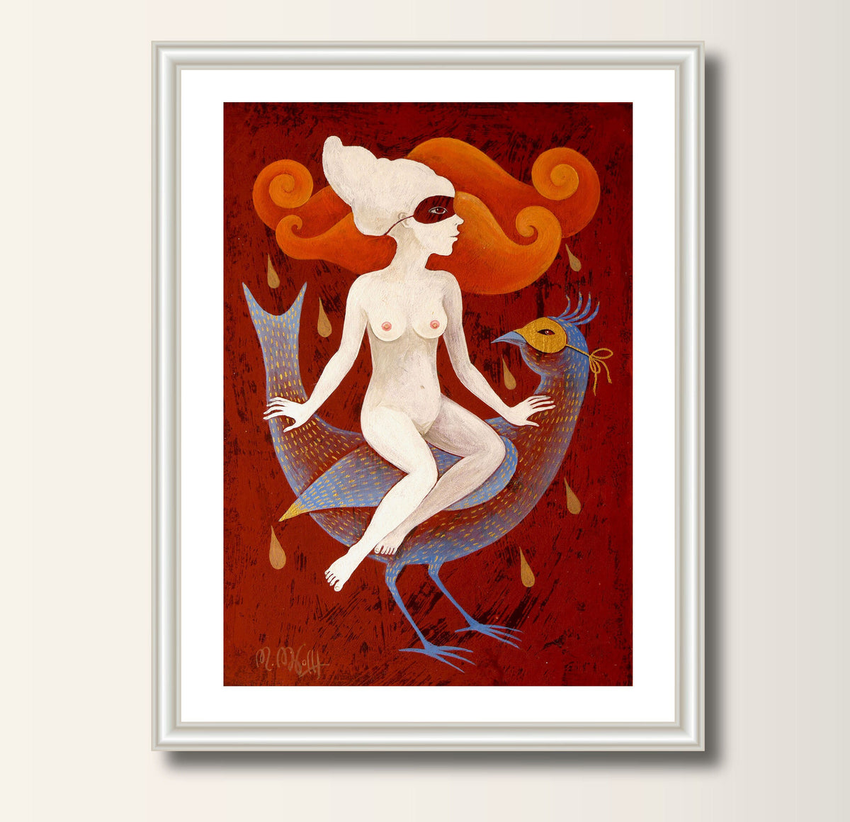 Mädchen auf demVogel Kunst Druck Illustration, FineArt Print