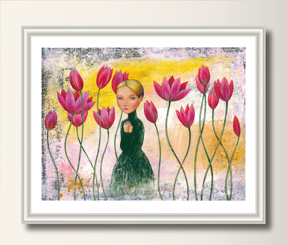 Kunst Druck  Print von Original Acryl Bild A4 Kunstposter Malerei Rita Wolff, Tulpen Frau im Blumenfeld