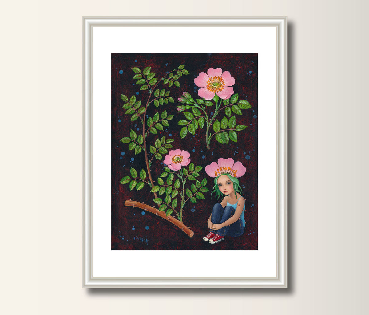 Original Acryl Bild, Acryl Gemälde auf Papier,  Mädchen und Wildrose , Unikat 40 x 30 cm