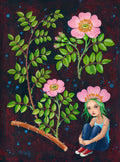 Original Acryl Bild, Acryl Gemälde auf Papier,  Mädchen und Wildrose , Unikat 40 x 30 cm