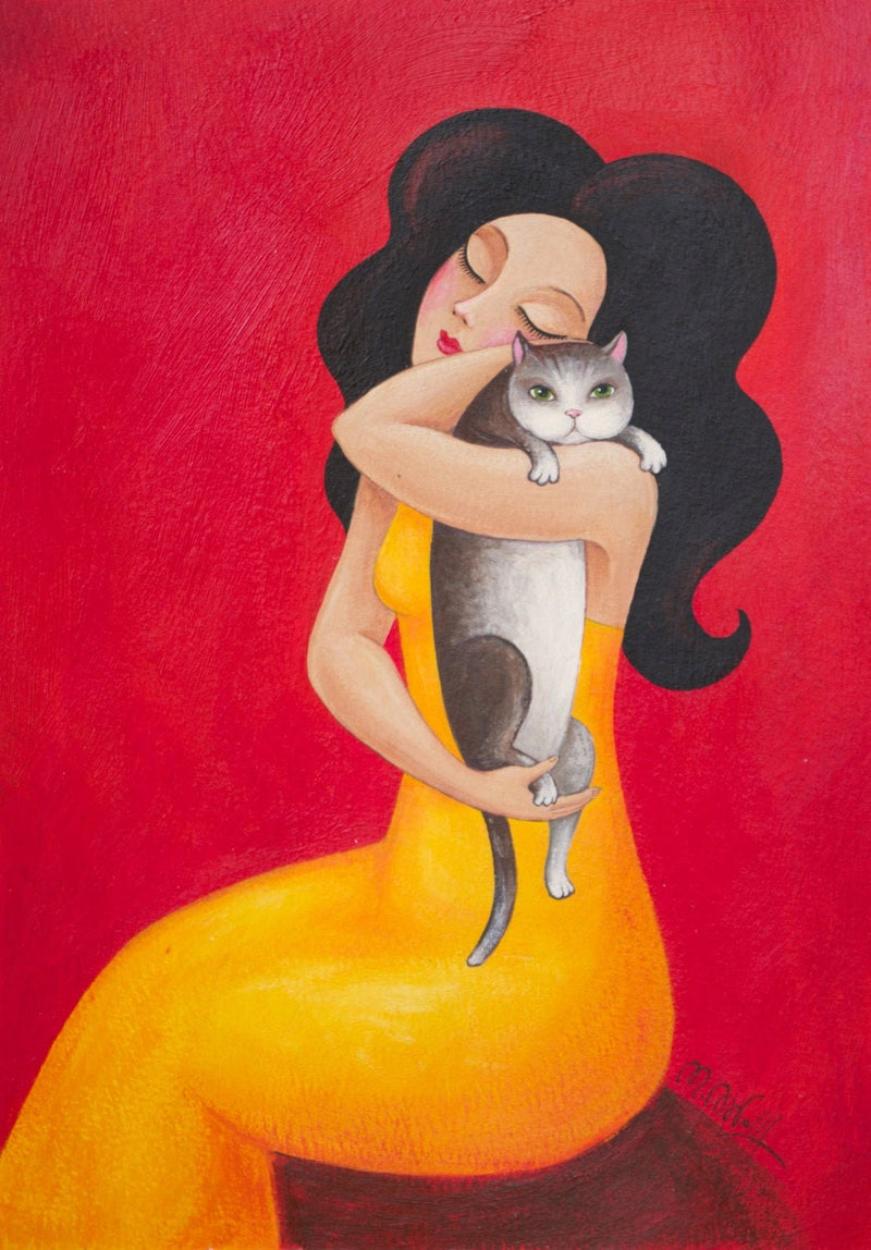 Katzendruck, Katzengemälde, Frauenportrait, Frauenkatzendruck, Frau mit Katze Print Modernes Katzenliebhaber Poster