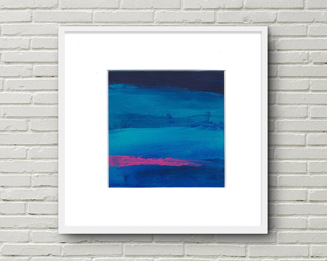 Small Abstract Landscape Acrylic Painting, Blue Pink Original Art (5.1" x 5.1")