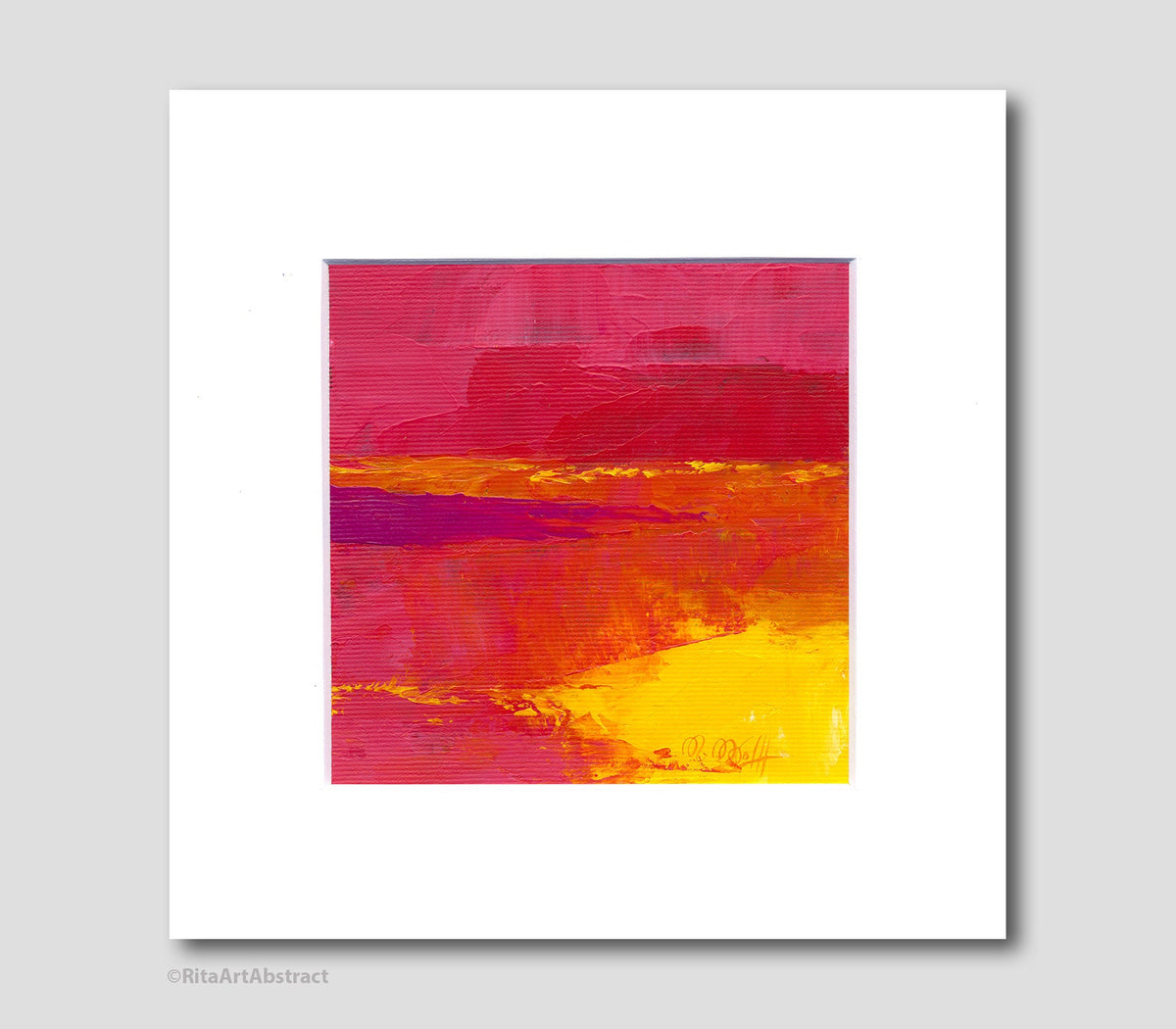 Small Abstract Landscape Acrylic Painting, Red Yellow Wall Art (13x13 cm)