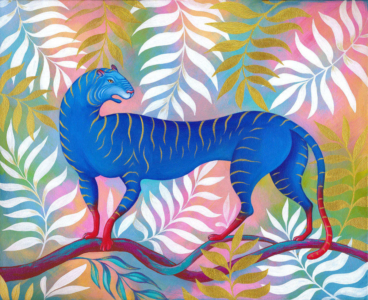 Tiger Print, Druck  Kunst Blauer Tiger Illustration bunte Tiger Boho Style Kunst Wandkunst Maximalistisch
