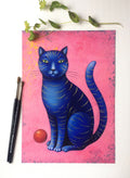 Blaue Katze Druck, Katze Bild Poster, Kunstposter A4 Rosa Bild