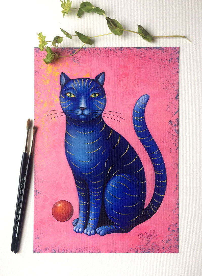 Blaue Katze Druck, Katze Bild Poster, Kunstposter A4 Rosa Bild
