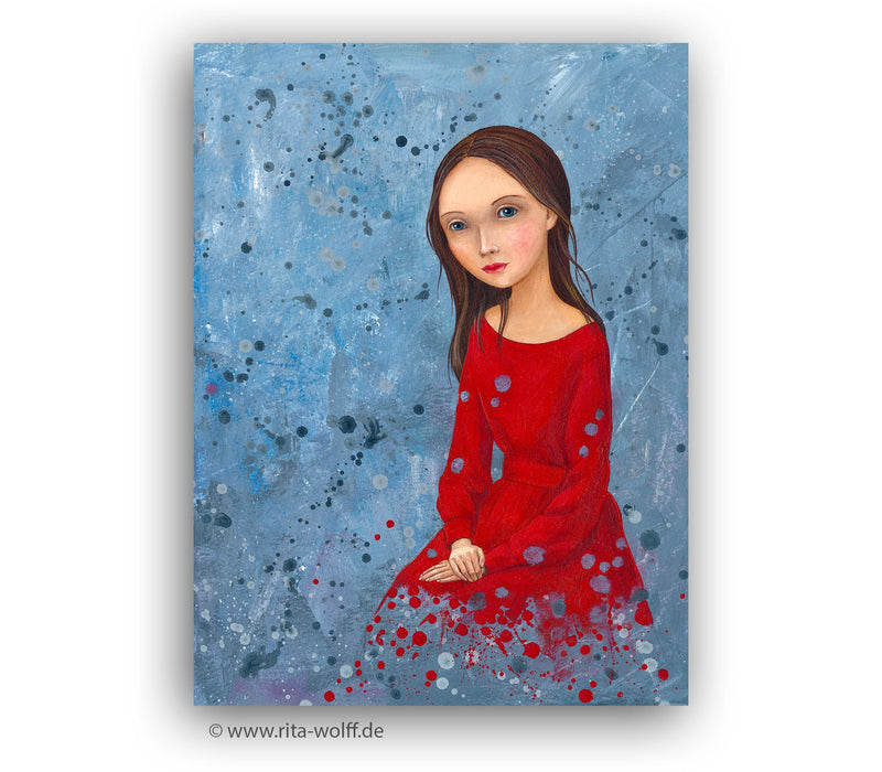 Rotes Kleid, Original Acryl Gemälde, Unikat 40 x 30 cm, Originalmalerei auf Papier