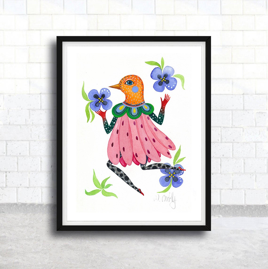 Aquarell Original Vogel Blumen, Original auf Aquarellpapier Original Malerei