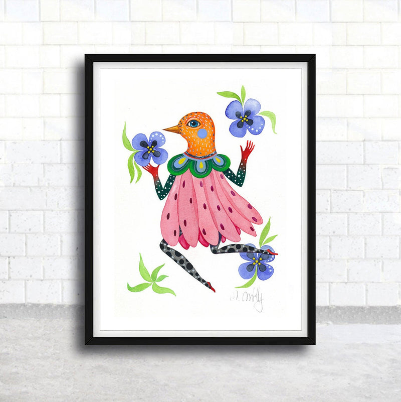 Aquarell Original Vogel Blumen, Original auf Aquarellpapier Original Malerei
