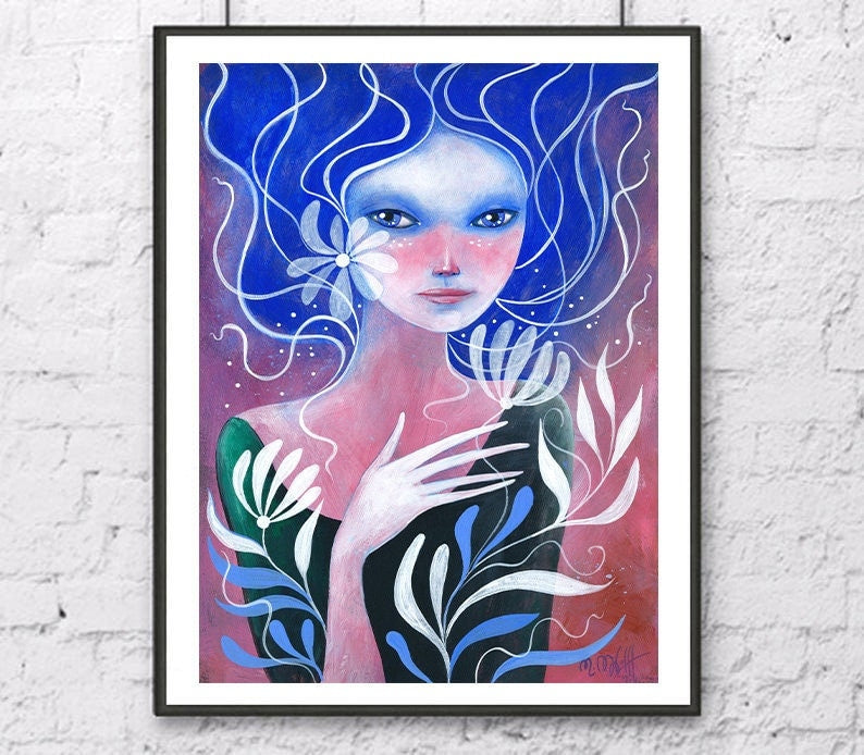 Mädchen und Blumen, Portrait Original Acryl Bild Handgemaltes Gemälde