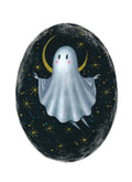 Kleiner Geist Print - Kunst Druck - Halloween Ghost Art - Gruselige Wanddekoration - Gruselige süße Kunst - Mond und Sterne