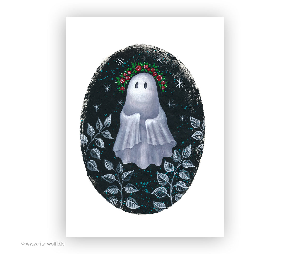 Kleiner Geist Rosenkranz Print - Kunst Druck - Halloween Ghost Art - Gruselige Wanddekoration - Gruselige süße Kunst