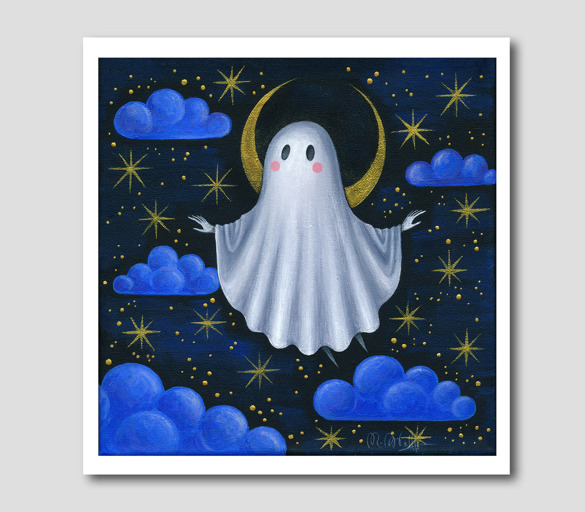 Kleiner Geist Print - Kunst Druck - Halloween Ghost Art - Gruselige Wanddekoration - Gruselige süße Kunst - Mond und Sterne