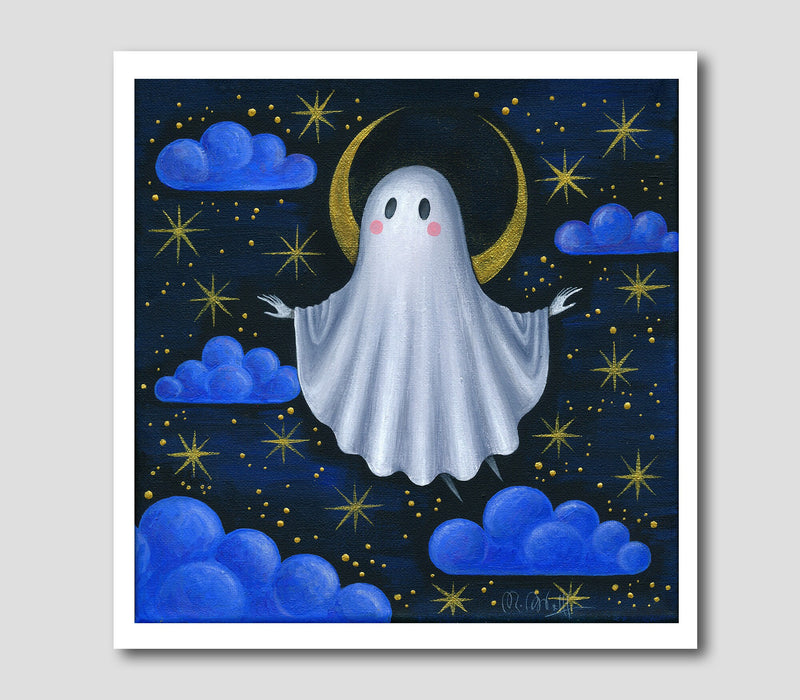 Kleiner Geist Print - Kunst Druck - Halloween Ghost Art - Gruselige Wanddekoration - Gruselige süße Kunst - Mond und Sterne