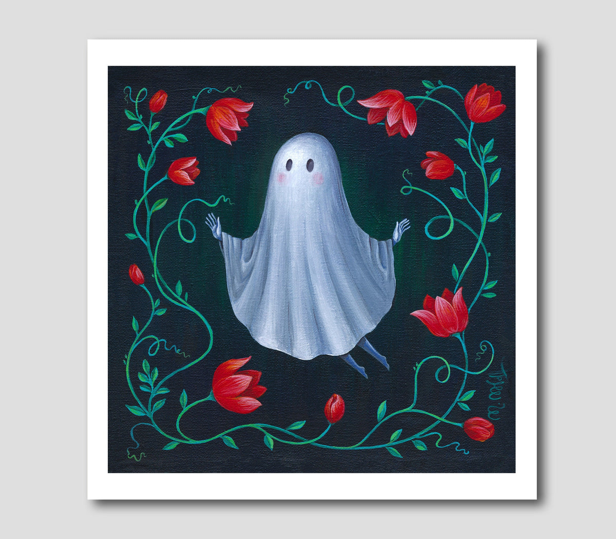 Kleiner Geist Blumen Print - Kunst Druck - Halloween Ghost Art - Gruselige Wanddekoration - Gruselige süße Kunst
