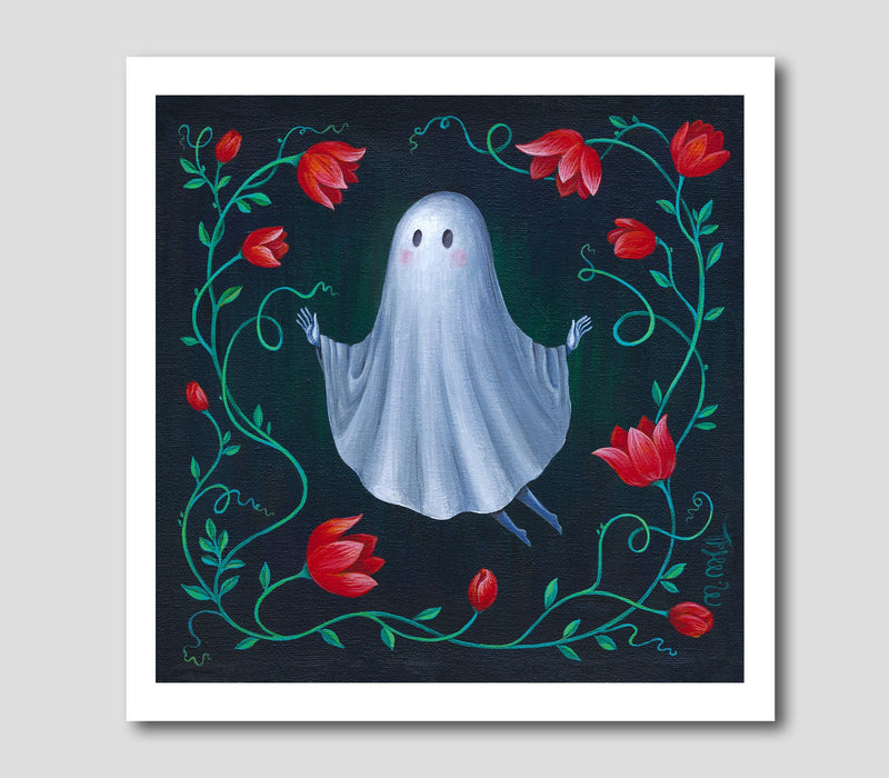 Kleiner Geist Blumen Print - Kunst Druck - Halloween Ghost Art - Gruselige Wanddekoration - Gruselige süße Kunst