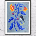 Druck Poster Fine Art Print  Vogel und Blume A4 Kunstposter Malerei  Wohndekoration