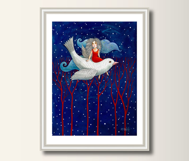 Art Print Mädchen auf dem Vogel Druck Print von Original Acrylbild Kunstposter