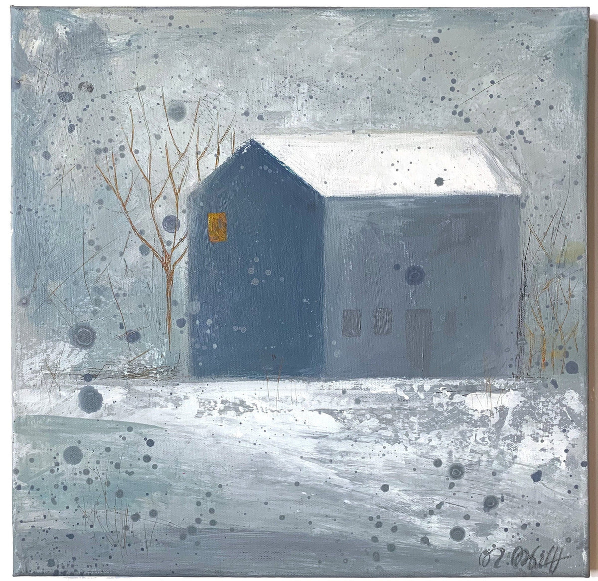 Haus Original Malerei Acryl Gemälde auf Leinwand, Winterlandschaft  Hütte Haus im Schnee 40 x 40cm