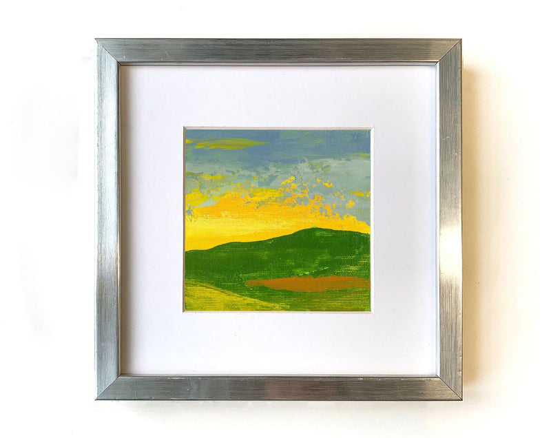 Small Abstract Landscape Painting, Acrylic on Canvas 13x13cm in a passe-partout