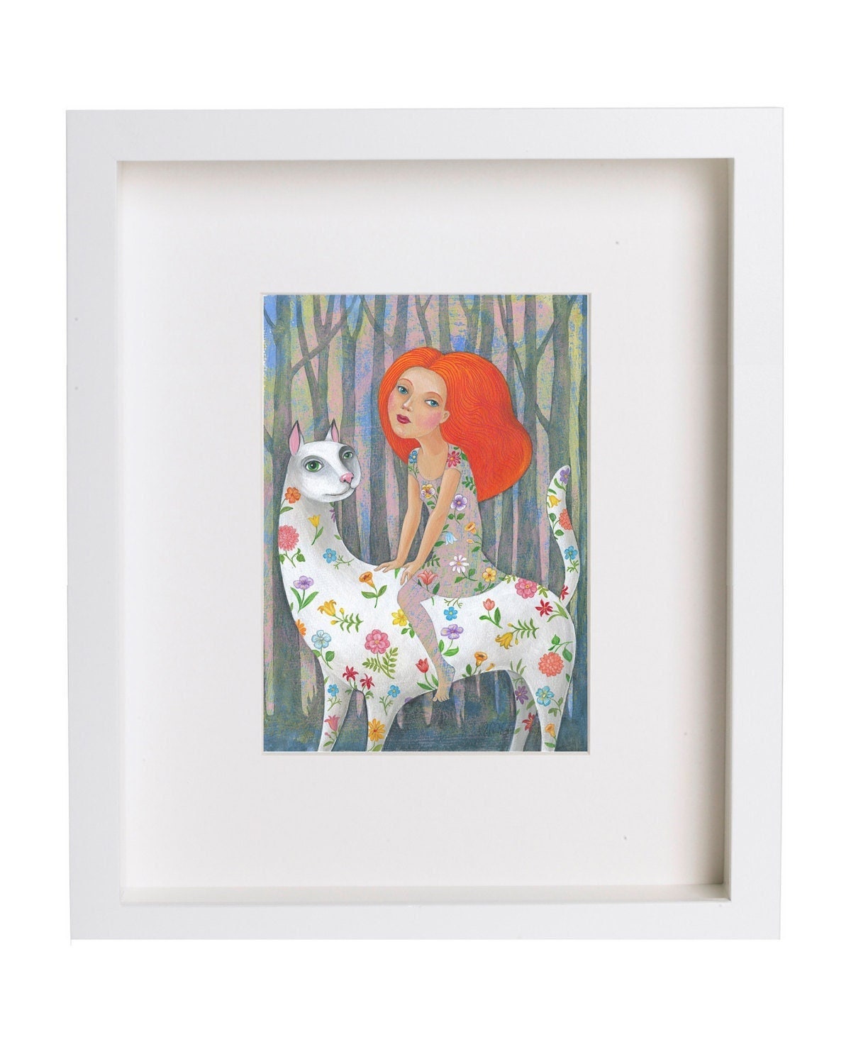 Weisse Кatze mit Mädchen Druck  A4  Print von Original Acrylbild Wohndekor Poster