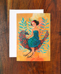 Postkarte Vogel und Frau. A6 Kunstkarte Grußkarte