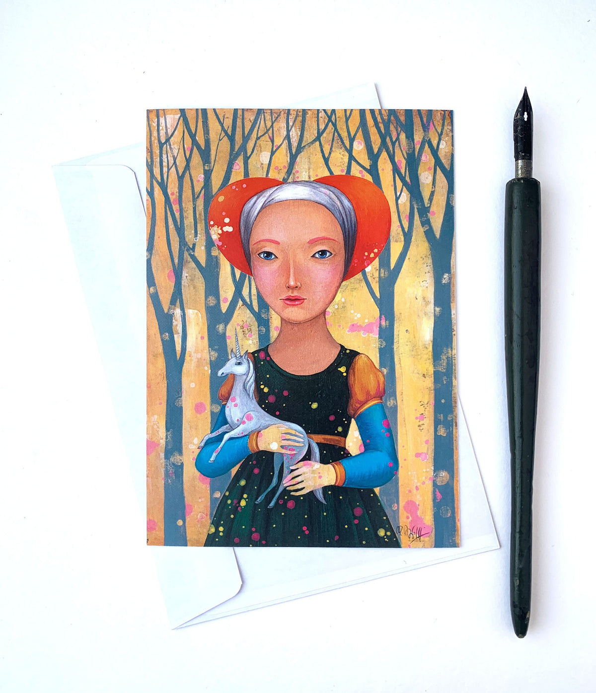 Postkarte, Grußkarte, Mädchen mit Einhorn A6 Kunstkarte, kleine Print