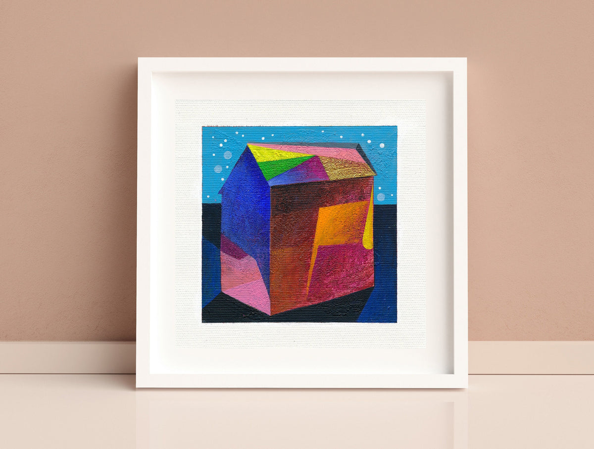 Original Abstract House Painting on Canvas, Small Acrylic Landscape (5.1”)