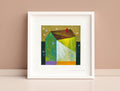 Small House Acrylic Painting on Canvas, Abstract Landscape (5.1" x 5.1")