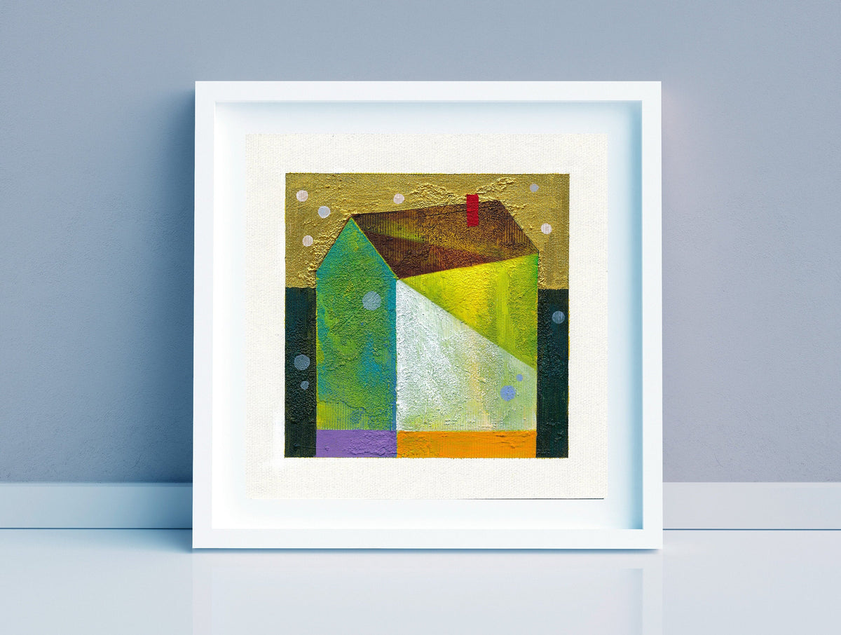 Small House Acrylic Painting on Canvas, Abstract Landscape (5.1" x 5.1")