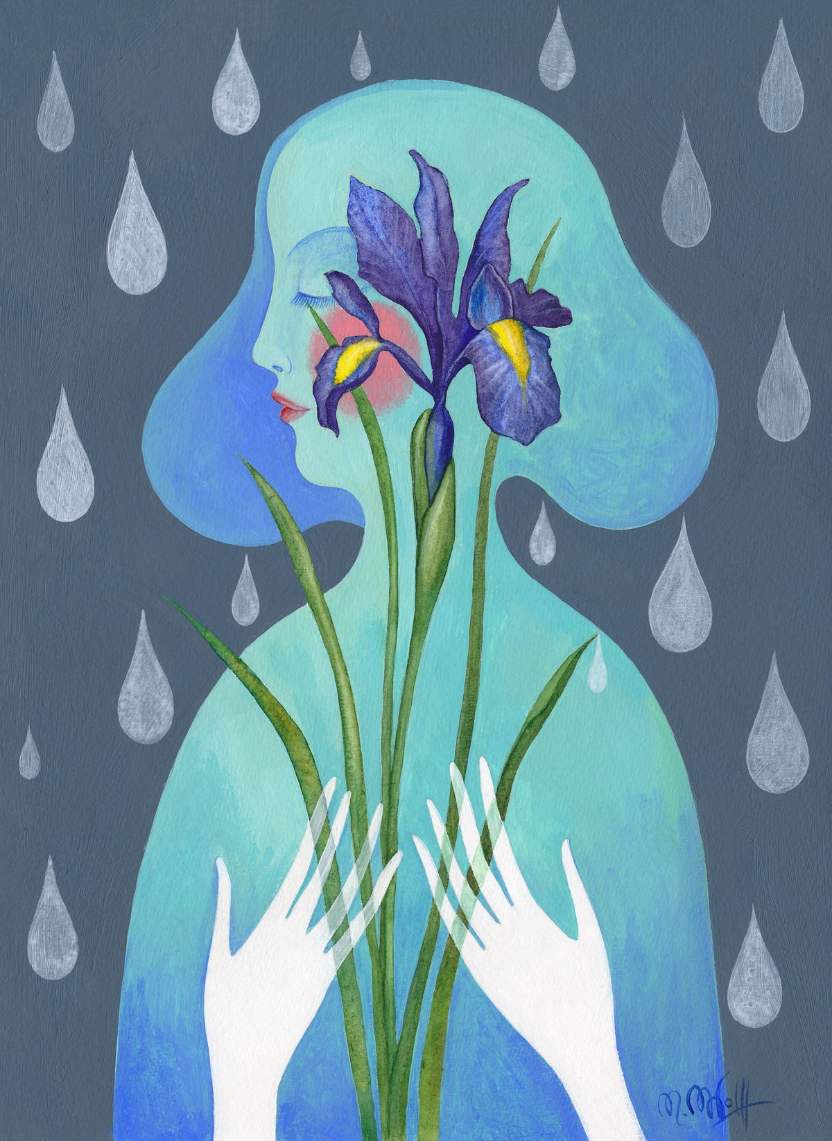Iris Original Acryl Bild Handgemaltes Gemälde 30x40cm.Portrait Mädchen und Blumen