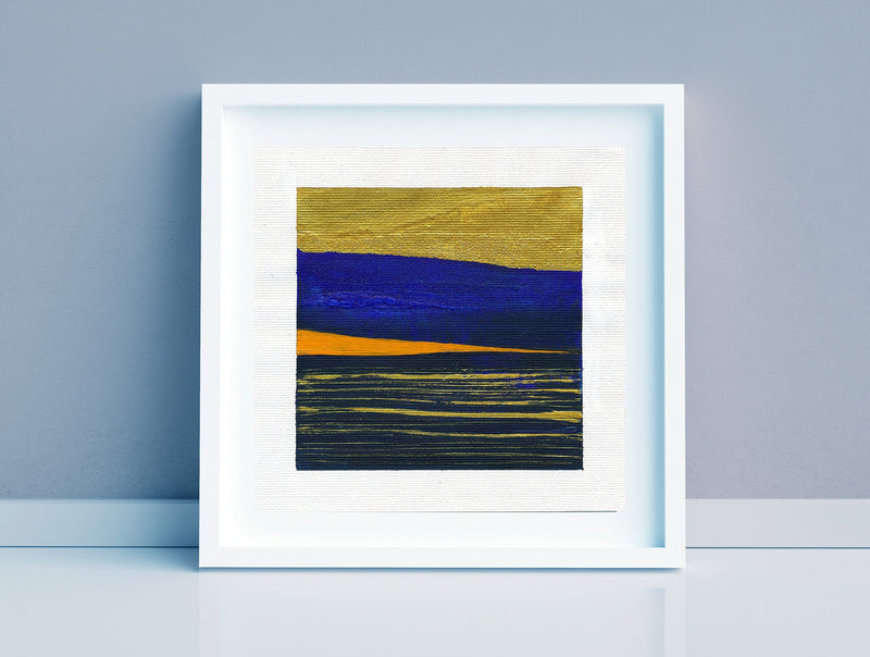Gold Indigo Abstract Landscape Painting, Small Acrylic Art (5x5 inch)
