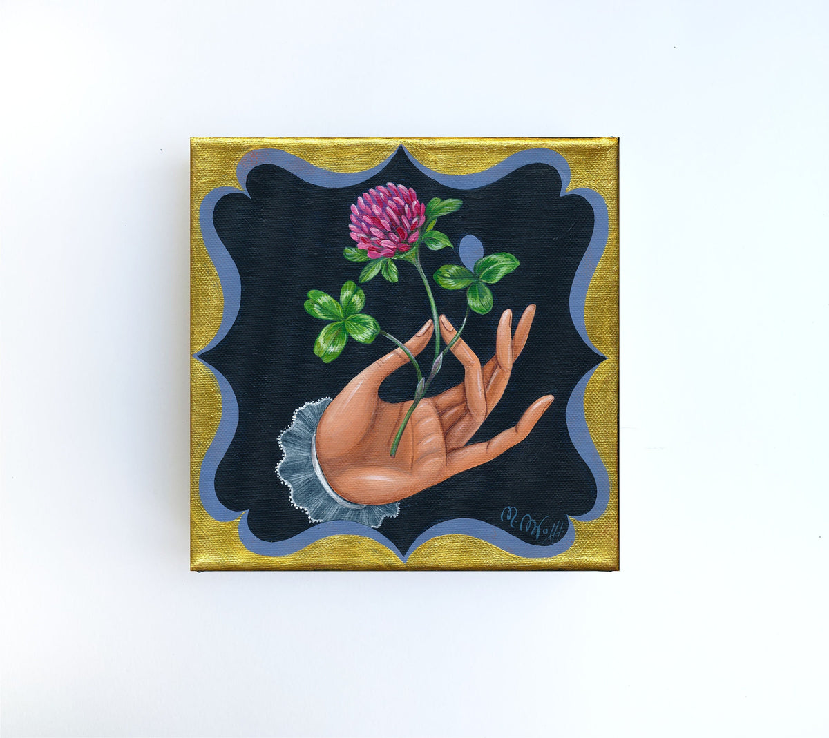 Kleeblatt  Original Gemälde auf Leinwand Glücksklee Hand Glücksbringer  Kunst Naive Malerei Volk Kunst 20 x 20 cm
