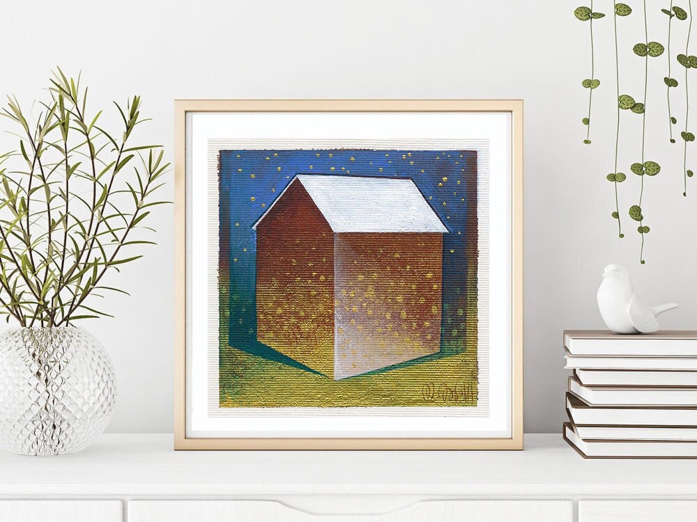 Small House Acrylic Painting, Abstract Landscape on Canvas (13x13cm)
