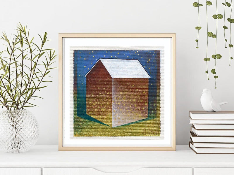 Small House Acrylic Painting, Abstract Landscape on Canvas (13x13cm)