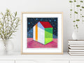 Small House Acrylic Painting, Abstract Landscape Art (13x13cm)