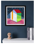 Small House Acrylic Painting, Abstract Landscape Art (13x13cm)