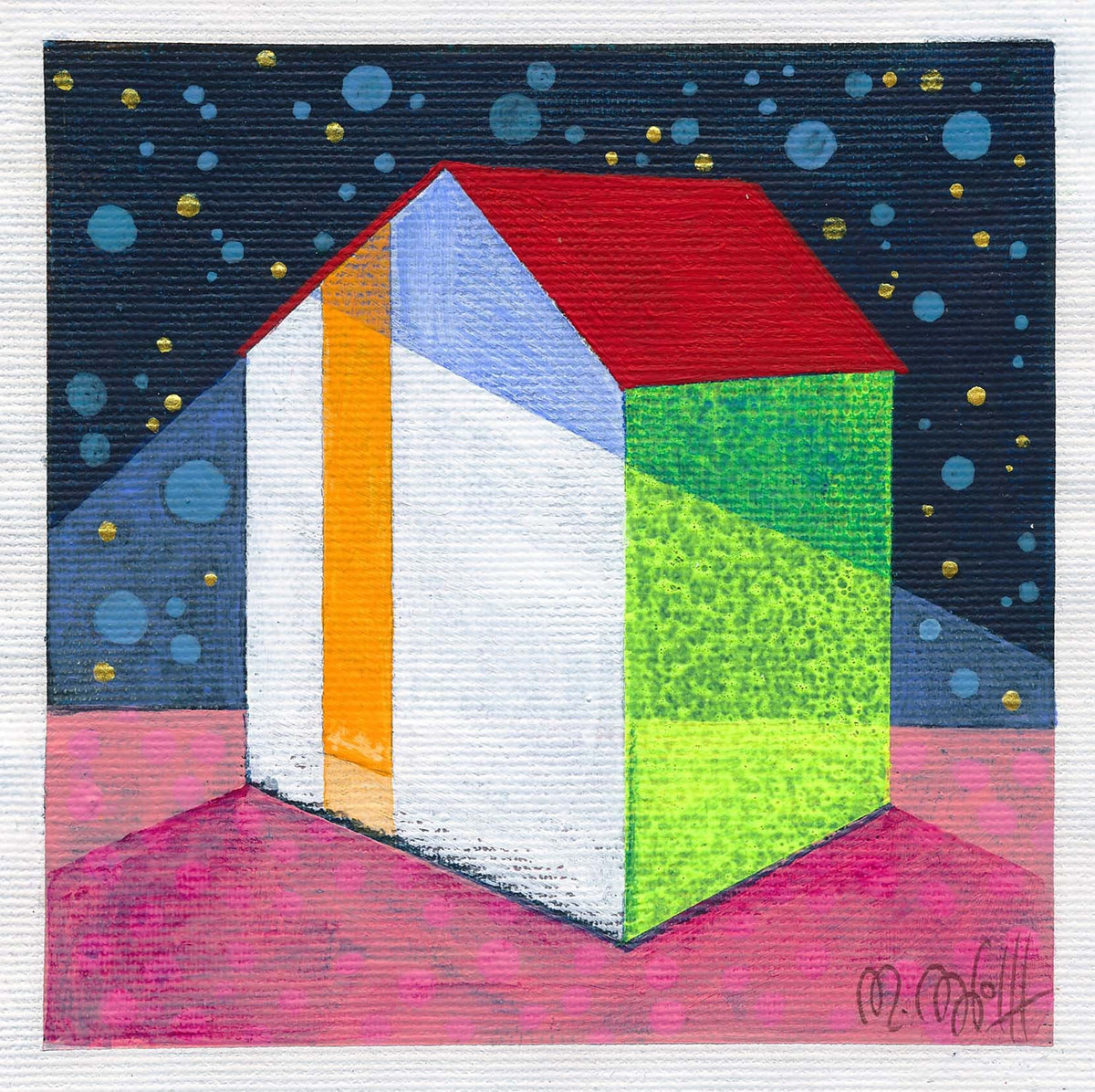 Small House Acrylic Painting, Abstract Landscape Art (13x13cm)