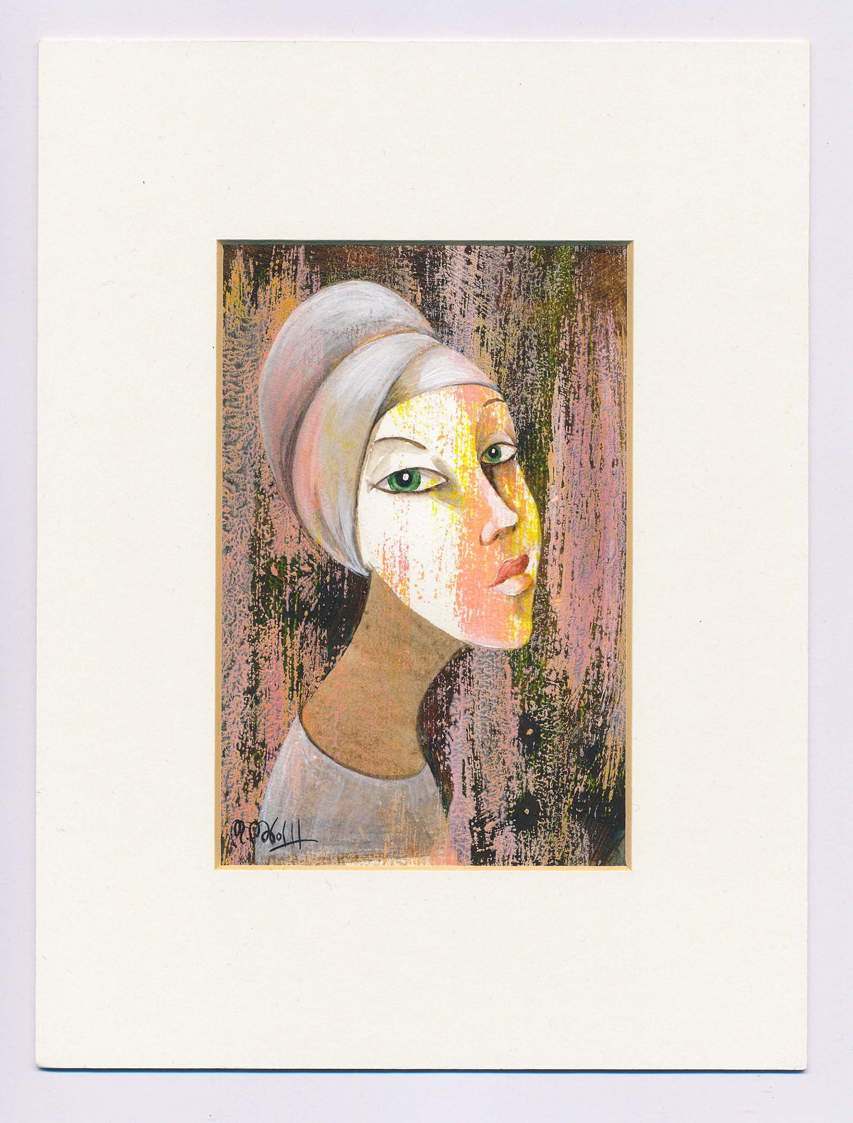 Porträt, Aquarell ,Acryl, Mischtechnik  Original auf Büttenpapier, Wandbild klein, beige, schlicht, simple, handgemalt Unikat