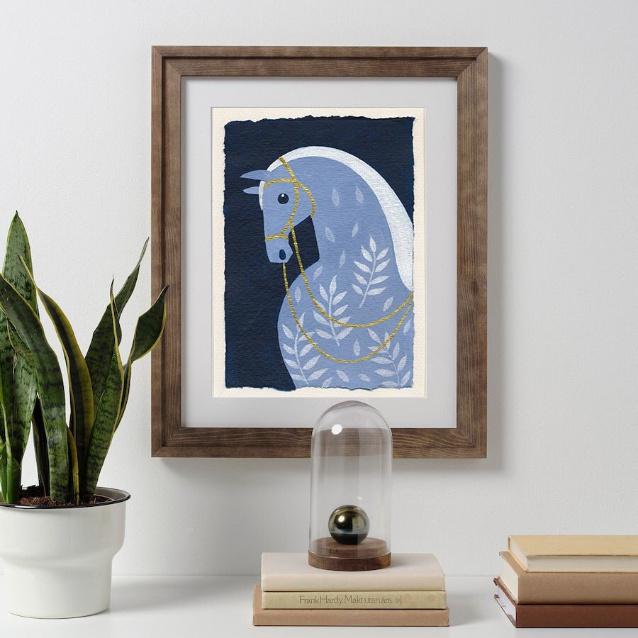 Minimalistische Malerei Pferd Original Malerei auf Aquarellpapier Kinderzimmer Wandkunst