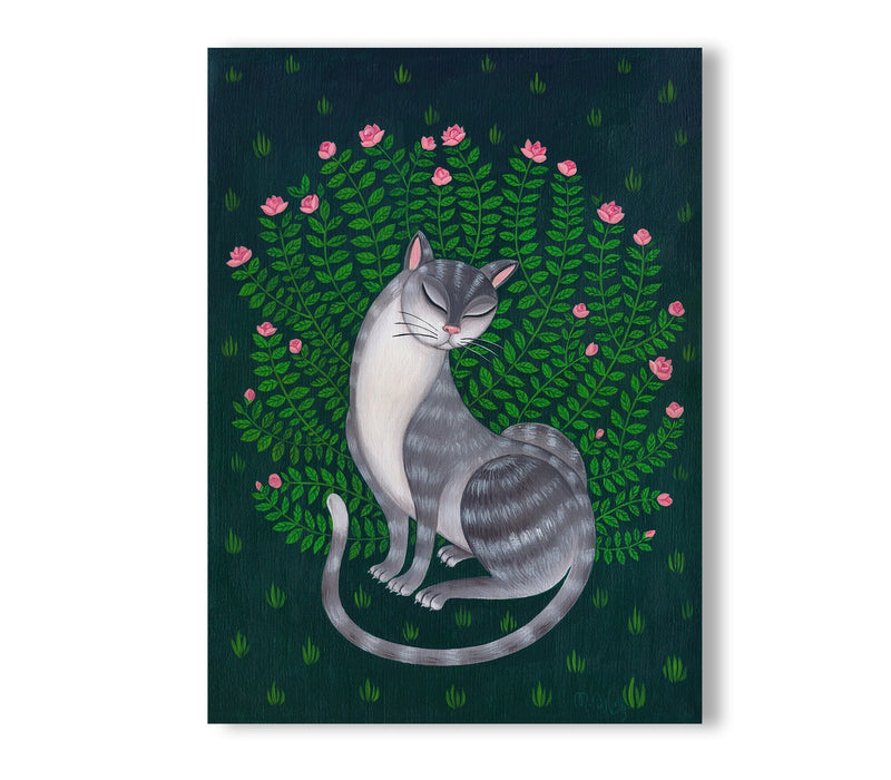 Katze mit Rosenbusch  Original Acryl auf Leinwand Gemälde,  feine art, 40x 30cm