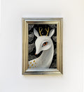 Original Acryl Gemälde Weiser Hirsch und Ginkgoblätter Gerahmtes Bild Silber Rahme