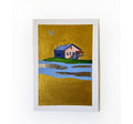 Original Malerei Haus am See Aquarell Gold auf Papier  Kleine Original Gemälde