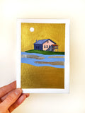 Original Malerei Haus am See Aquarell Gold auf Papier  Kleine Original Gemälde