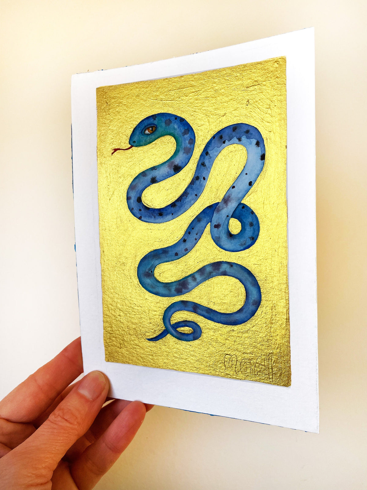 Schlange Blau Original Malerei Aquarell Gold auf Papier  Kleine Original Gemälde
